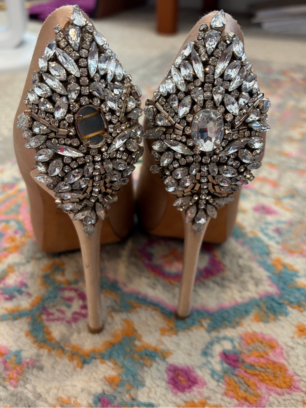 Badgley Mischka Rose Gold Satin Crystal-Embellished Stiletto Pumps